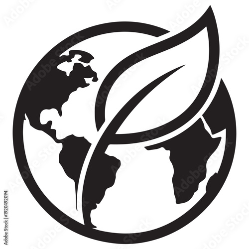 Minimalist black and white globe icon with a leaf overlay representing global environmental sustainability and ecological conservation efforts for corporate social responsibility.