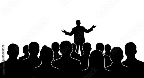 Leadership in Shadow: A commanding figure addresses an attentive crowd, the silhouette emphasizing the importance of communication and guidance in a collective setting. 