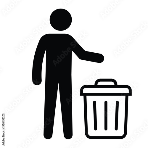 Black silhouette icon showing a person disposing of waste in a trash can with an open lid. Professional graphic for sanitation and housekeeping.