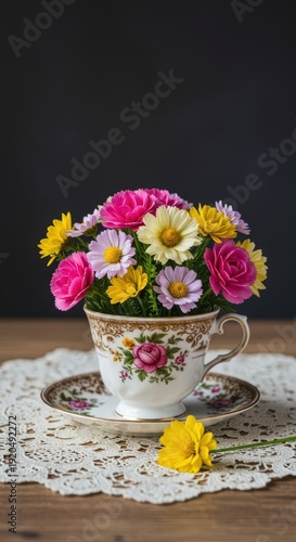 Bright miniature bouquet in a china teacup, placed on a detailed lace mat. Elegant vintage floral paper background setup, green, springtime, retro