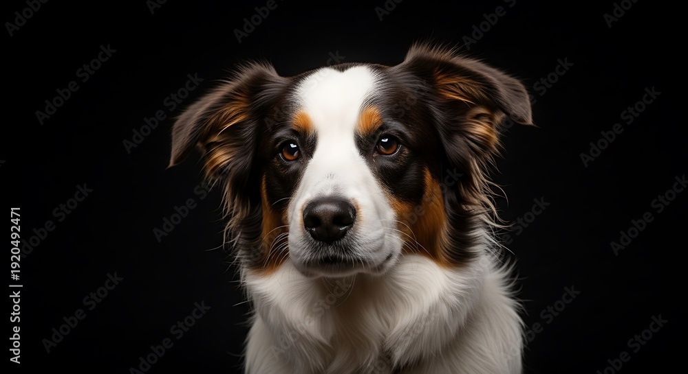 Fototapeta premium Tri-colored dog with expressive brown eyes stares forward against black background.