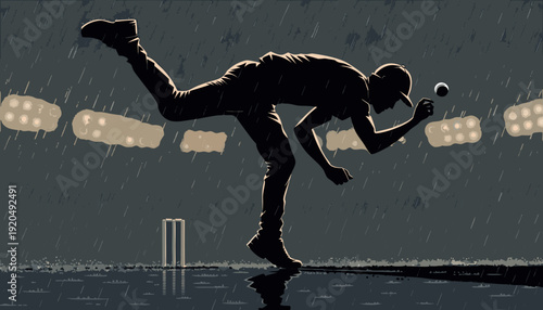 Dramatic Silhouette of a Cricket Player Diving for a Catch in the Rain under Stadium Lights at Night, Minimalist Sports Illustration