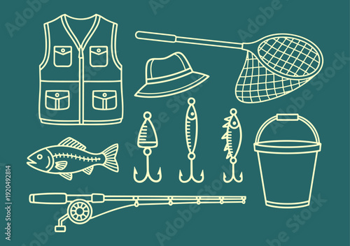 Fishing gear and equipment line art doodle vector set on green background