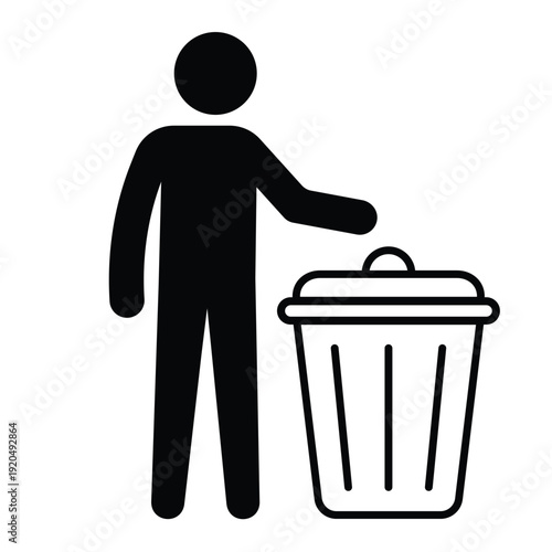 Black silhouette icon showing a person disposing of waste in a trash can with an open lid. Professional graphic for sanitation and housekeeping.