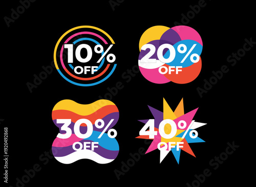 Four colorful discount badges showing 10 20 30 and 40 percent off offers .vector icon

