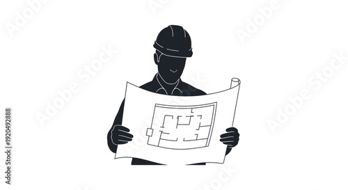 Architect at Work: A silhouette of an architect engrossed in blueprint, symbolizing the precision and expertise involved in construction and design.