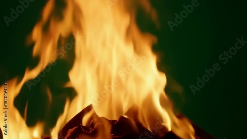 Close-up of a vibrant bonfire with dancing flames against a dark background, creating a warm and inviting atmosphere.