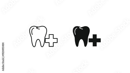 Tooth icons in minimalist design with plus sign in black and white color on transparent background for dental logo
