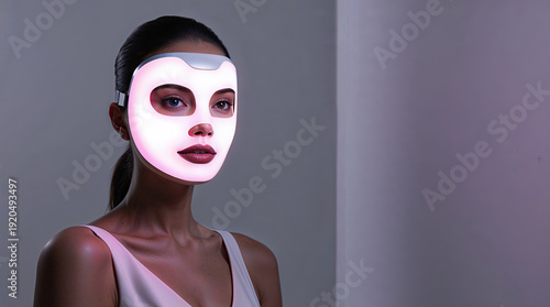Beautiful Asian Woman Using Red Light Therapy LED Facial Mask for Skin Rejuvenation and Anti-Aging