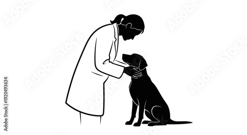 A Veterinary Care: A veterinarian, the silhouette of a medical professional, offers a gentle hand to a calm dog, symbolizing trust and compassionate care.