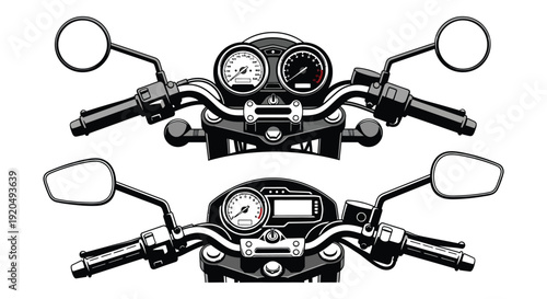 Detailed illustration showcasing a motorcycle s handlebars instrument panel and mirror arrangement presented as a silhouette high quality professional detailed