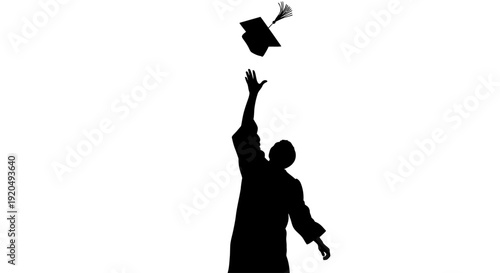 Graduation Silhouette: A triumphant graduate celebrates academic achievement by joyfully tossing a graduation cap into the air, symbolizing the culmination of years of hard work.