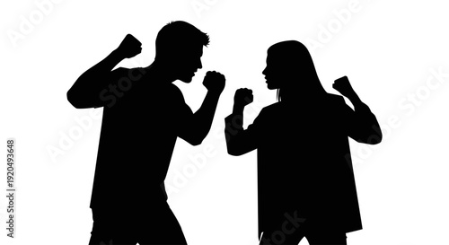 Confrontation Silhouette: A silhouette portrays a tense moment as a man and woman stand facing each other, fists clenched, ready for conflict. capturing raw emotion and the intensity of a clash.