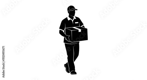 Delivery Silhouette: A delivery courier strides confidently, carrying a package, the stark contrast and defined lines conveying speed and reliability.
