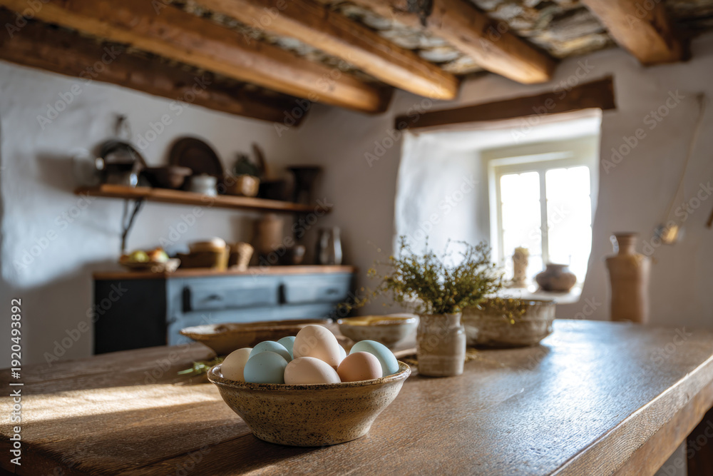 Fototapeta premium An exquisite display of colorful eggs arranged in bowls within a rustic kitchen setting, capturing the essence of domestic life with elegance and simplicity in a cozy atmosphere.