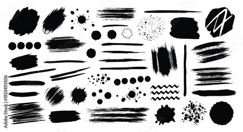 A collection of abstract black brushstrokes and splatters on a white background creating a dynamic artistic silhouette high quality professional detailed