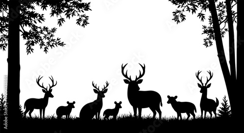 Herd of Deer Silhouettes in Forest.