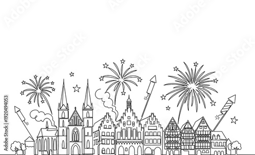 Sylvester New Years Eve City Fireworks Monoline Background