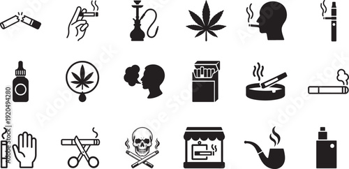 Smoking icon set with cigarette, vape and no smoking signs. Editable outline EPS vector pack.