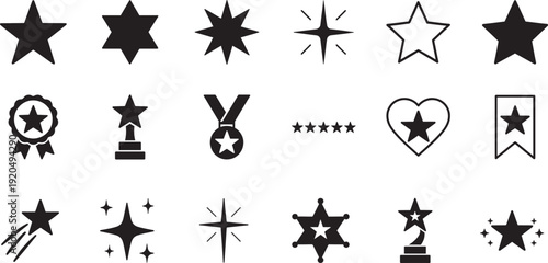 Star icon set with rating, favorite and award symbols. Editable outline EPS vector collection.