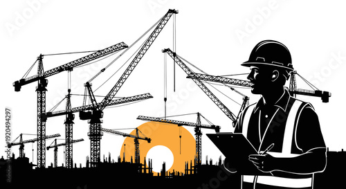 Construction Worker Silhouette Reviewing Plans at a Busy City Building Site at Sunset