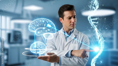 Male scientist interacting with digital brains and dna structure. AI agent medical scribe for advanced healthcare research.