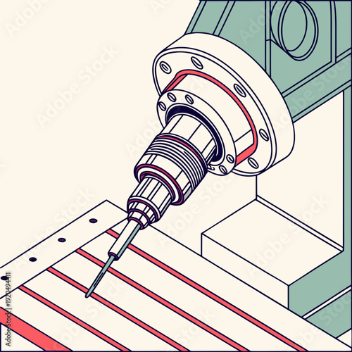 CNC milling machine head with tool engaged in metal workpiece, precision manufacturing and industrial automation, isometric view