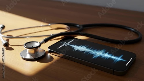 Stethoscope and mobile phone on a wooden table with a medical waveform and audio visualization for AI medical scribing.
