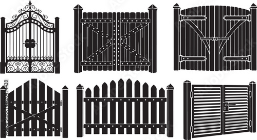 Various types of fences and gates in black silhouette
