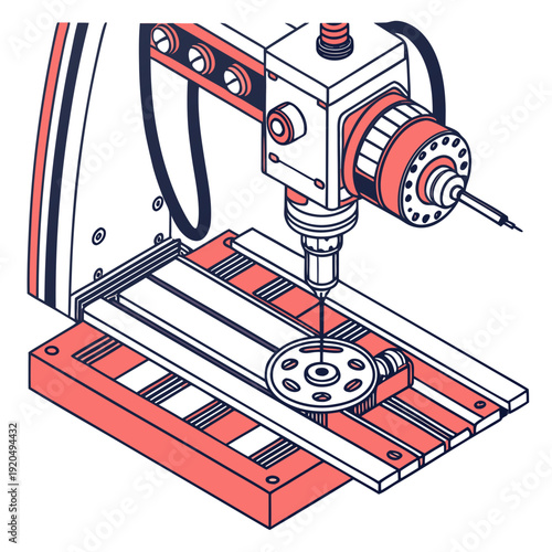 Industrial milling machine processing a metal part with a rotating cutting tool, showcasing precision engineering and manufacturing, isometric vector