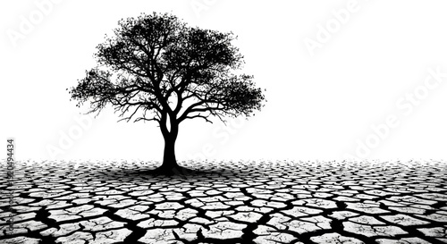 Lonely Tree Standing on Dry Cracked Earth.