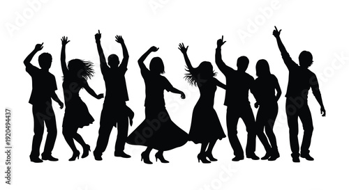 A group of people are joyfully dancing and celebrating with arms raised in the air a dynamic silhouette