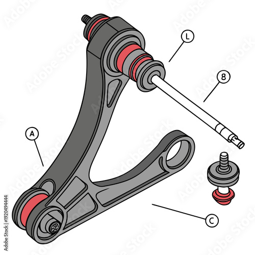 Exploded View Vector Illustration of an Automotive Control Arm with Bushings and Connecting Components for Car Suspension Repair