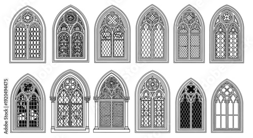 Collection of Ornate Gothic Window Designs Detailed Outline Isolated White Background