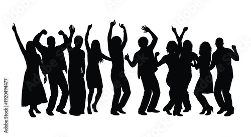 A dynamic group of people energetically raising their arms in celebration depicted as a striking silhouette high quality professional