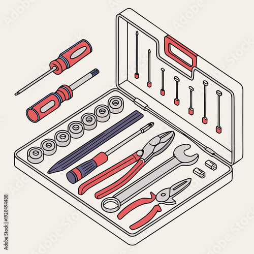 Open tool case filled with assorted hand tools and accessories, including pliers, wrenches, screwdrivers, and cutters, vector art