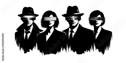 Grunge black and white silhouette set of distorted human heads for urban art design
