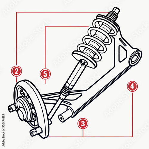 Detailed Vector Illustration of a Car Suspension Assembly with Strut, Coil Spring, Wheel Hub, and Control Arm for Automotive Engineering Diagrams