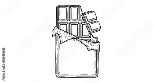 A detailed illustration depicts a partially broken chocolate bar with a wrapper showcasing a clean graphic silhouette high quality