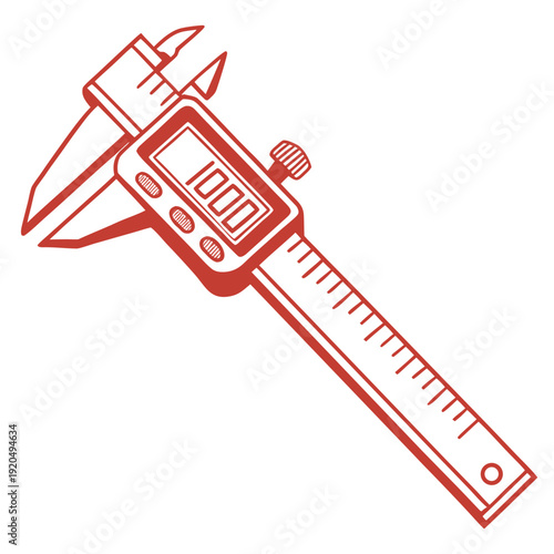 Modern Digital Vernier Caliper Vector Illustration: Precision Measuring Instrument with Bold Red Outline for Technical Diagrams