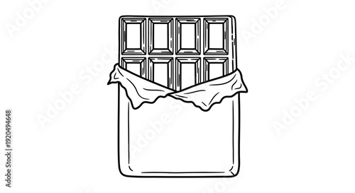 A detailed line drawing depicts a partially opened chocolate bar with visible squares showcasing a stark silhouette high quality