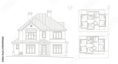 Comprehensive Architectural Blueprint of a Modern Two-Story House with Elevation and Floor Plans on Isolated White Background