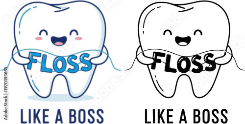 Floss Like a Boss, cute cartoon drawing. Comic style reminder poster for kids. Funny tooth character flossing. Vector clip art illustration.
