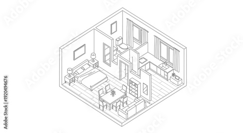 Isometric Line Drawing of a Modern Furnished Apartment Interior Layout on Isolated White Background