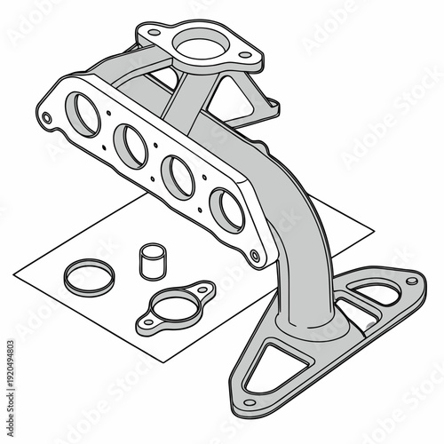 Isometric Outline Illustration of Car Engine Exhaust Manifold with Sealing Rings and Gasket Components for Automotive Repair and Service
