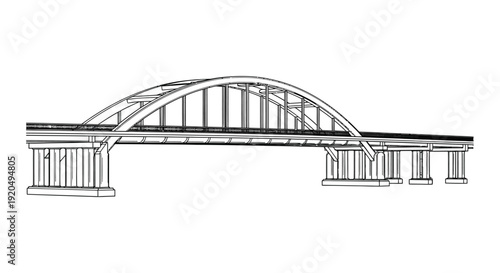 A detailed architectural drawing depicts a stone arch bridge with symmetrical supports presented as a silhouette high quality professional