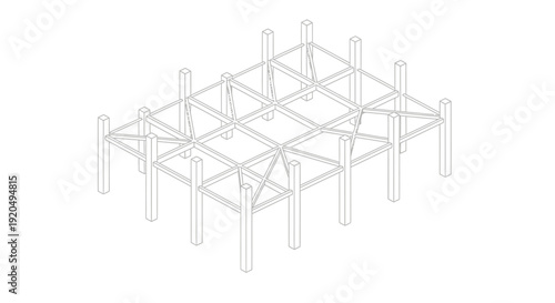 Detailed 3D wireframe drawing of an abstract structural grid or architectural framework, isolated white background.