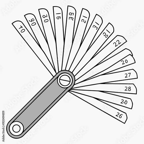 Isometric Line Art Illustration of a Feeler Gauge Tool with Multiple Blades and Numerical Markings for Precision Measurement and Automotive Work