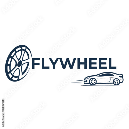 Modern Flywheel Automotive Logo Design with Stylized Wheel Graphic and Sleek Car Silhouette, Emphasizing Speed and Engineering