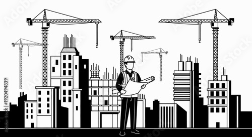 Silhouette of an architect in a hard hat holding blueprints, overseeing a bustling city construction site with cranes and buildings, in bright studio.